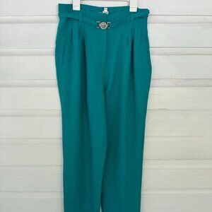 Vintage Turquoise 80's Pants with Lion Emblem Belt, High Waisted, P10